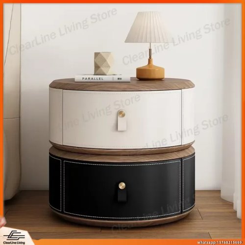 Comodino rotondo moderno salvaspazio in legno e metallo, design minimalista per camera da letto e home office