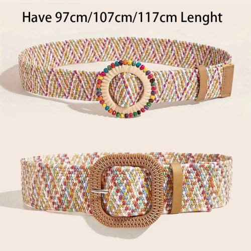 Cinturón ancho de paja trenzado para mujer, colorido, estilo bohemio, elástico con hebilla