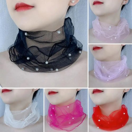 Pañuelo/col de mujer elástico en organza con encaje y perlas sintéticas, color liso — elegante envoltura de cuello multifunción