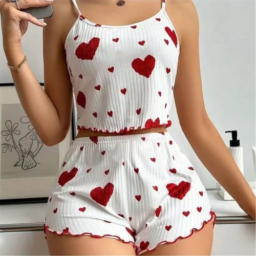 Dames pyjama-set – top met spaghettibandjes & shorts, rood hartjesprint, maten S–2XL, sexy nachtmode
