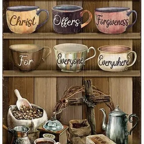 Placa metálica vintage - Coffee Bar 'Chávena de café — Cristo oferece perdão a todos' Decoração rústica de parede para casa