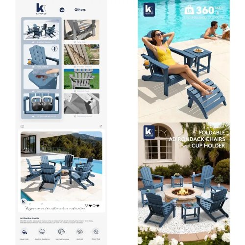 Set of 4 Adirondack Chairs – HDPE All-Weather Outdoor Patio Chairs with Cup Holder, Wood-Grain Finish, High Back for Poolside & Fire Pit