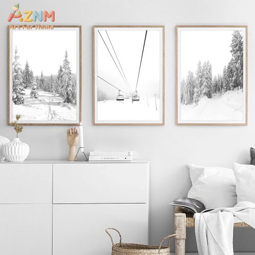 Set van 3 canvas wanddecoraties – Zwart-wit winters berglandschap met bos en skilift, minimalistisch Scandinavisch landschap, koude tinten