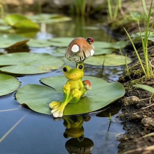 Enfeite de jardim em resina — sapo em cogumelo, decoração para lago com lótus falso, estatueta para paisagismo