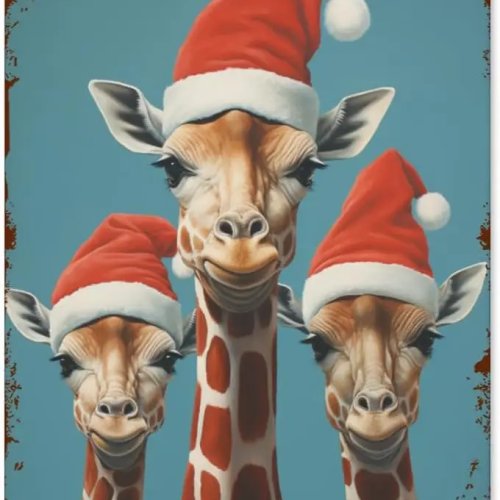 Placa metálica divertida: jirafas con gorros de Papá Noel, decoración de pared vintage para salón, cocina, baño