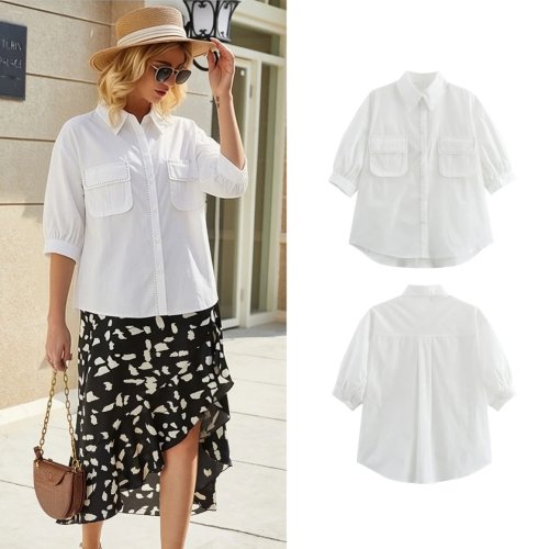 Blouse blanche femme manches courtes été, col rabattu, boutonnée devant, élégante