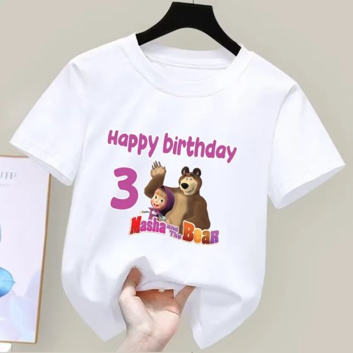 T-shirt unisex Masha e Orso - Stampa cartone con numeri 1-9, manica corta, maglia per festa di compleanno, idea regalo