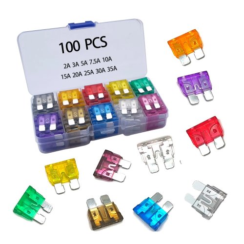 100 pcs Fusibles auto à lame 2A/3A/5A/7,5A/10A/15A/20A/25A/30A/35A — lot de 100, mélange au choix pour camping‑car/camion/SUV