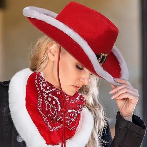 Sombrero vaquero rojo de fieltro estilo Santa para Navidad, con luces, ala ancha, unisex (hombre y mujer)