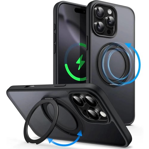 Чехол для iPhone 17/16/16e/15/14/13/12 Pro/Max/Plus с 360° вращающимся кольцом — совместим с MagSafe, тонкий противоударный чехол с подставкой и кольцом