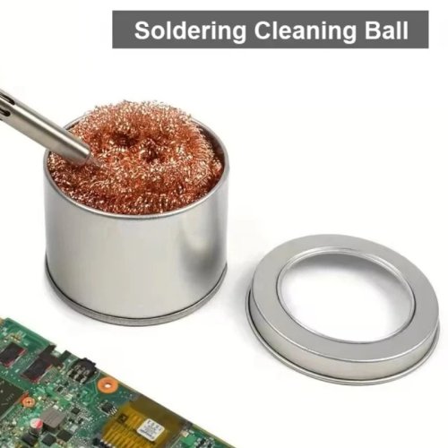 Bola limpa-ponta para ferro de soldar em fio de cobre com caixa recolhedora de resíduos de solda