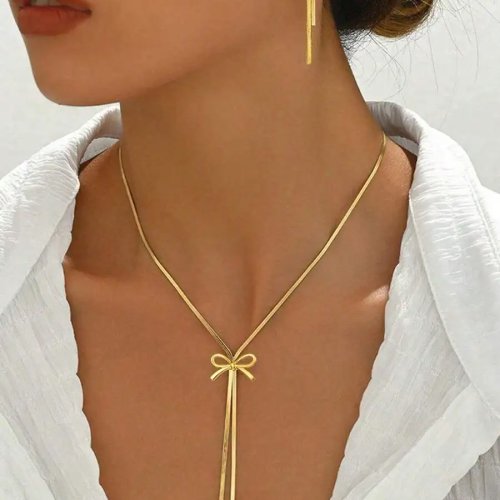 Set: collar con lazo y pendientes minimalistas de acero inoxidable para mujer — accesorios de moda versátiles
