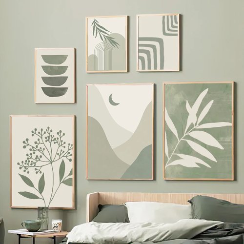 Boho abstraktes Leinwandbild – Pflanzenblätter & Regenbogen-Geometrie, nordische Poster und Drucke
