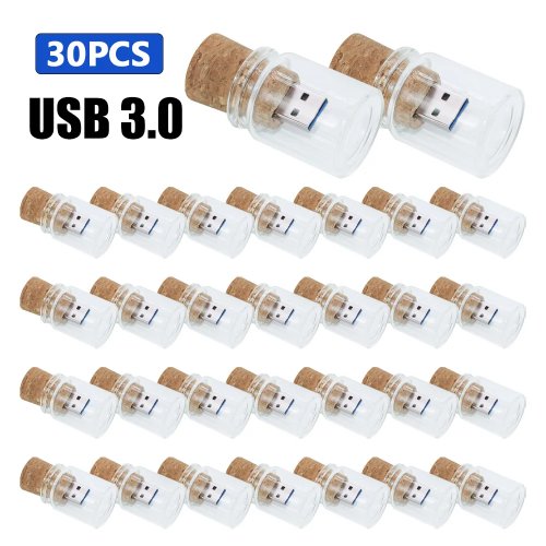 Paquete de 30 memorias USB 3.0 en botellitas de vidrio con corcho de madera estilo 'mensaje en botella', 4GB–128GB