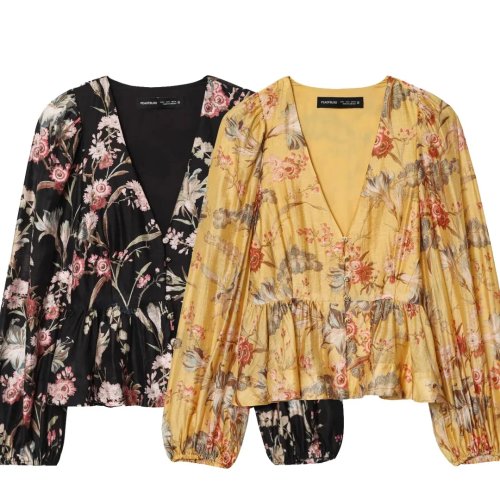 Top mulher estilo francês curto, decote em V, mangas compridas, bainha estampada, poliéster respirável e suave para a pele — top de verão