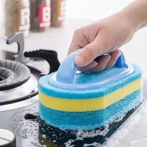 Brosse de nettoyage multi-usage avec poignée et éponge – pour cuisine, salle de bain, WC, carrelage et vitres