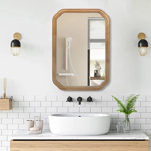 Botiquín de pared de madera natural con espejo, 75,5×50×13 cm, estantes para baño