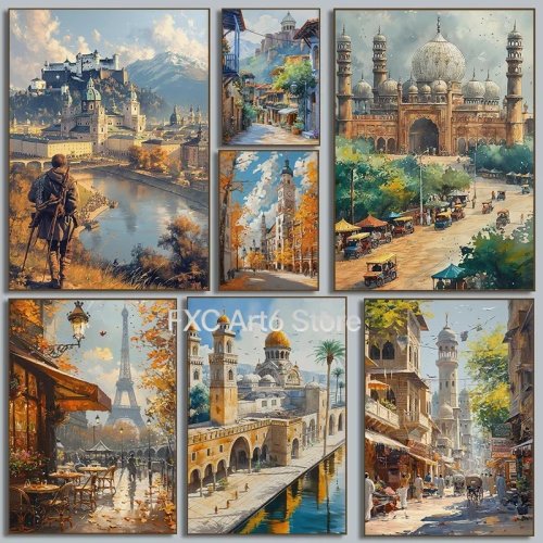 Tranh canvas không khung phong cách retro - phong cảnh thành phố châu Âu: Paris, Edinburgh, bờ biển Amalfi, trang trí tường