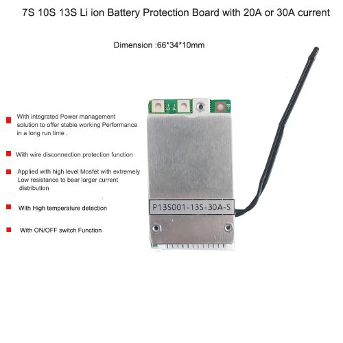 BMS‑beschermingsprint voor Li‑ion NCM accu 7S/10S/13S (24V/36V/48V) 20A/30A met schakelaarfunctie