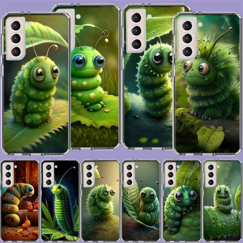 Прозрачный силиконовый чехол для Samsung Galaxy (S26 Ultra, S25 Edge, S24, S23 FE, S22, S21+, S20, S10 C) — рисунок личинки/гусеницы с большими глазами
