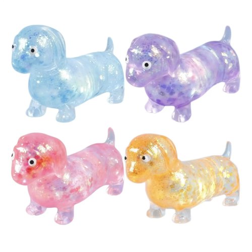 Squishy perro salchicha brillante — textura suave tipo maltosa, juguete antiestrés de pulsar para niños y oficina