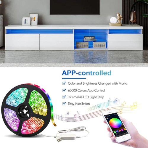 تسريحة تلفاز حتى 105 بوصة، خزانة تلفاز LED مع رفّين زجاجيين، وحدة وسائط مع إضاءة LED ملونة قابلة للتغيير والتحكم عبر التطبيق