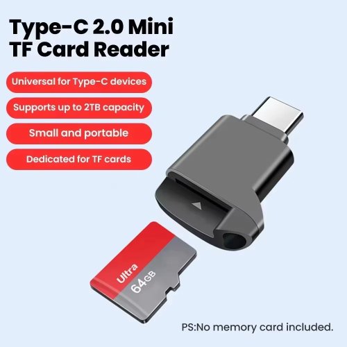 قارئ بطاقات microSD (TF) USB‑C 2.0 باللون الأسود — وحدة تخزين خارجية مدمجة، متوافق مع iPhone 16/17 والأجهزة المزودة بمنفذ USB‑C