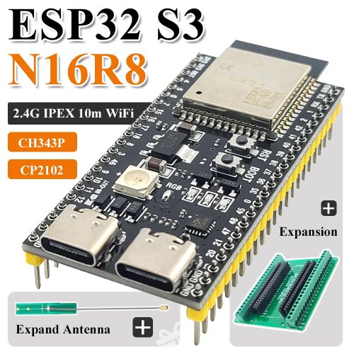 Набір: плата розробника ESP32-S3 з адаптером розширення, модуль Wi‑Fi 2,4 ГГц + Bluetooth, ESP32-S3-1 (N8R2 / N16R8), 44‑контактний, USB Type‑C