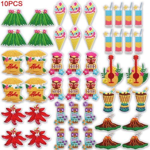 طقم 10 رقع مطرزة قابلة للكي Aloha Tiki Hut — تصاميم هاواي استوائية (آيس كريم، يوكوليلي) للملابس