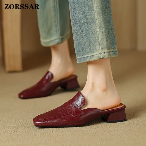 Women's Vintage Square-Toe Leather Slip-On Mules, Block Heel Closed-Toe Casual Shoes