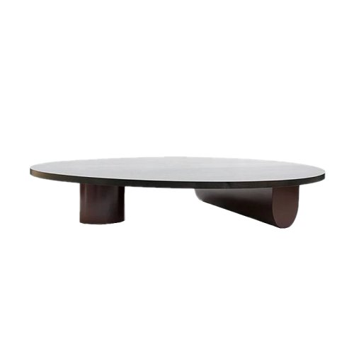 Meja kopi oval kayu solid premium — finishing kayu gelap dengan penyangga silinder dan penyangga melengkung unik