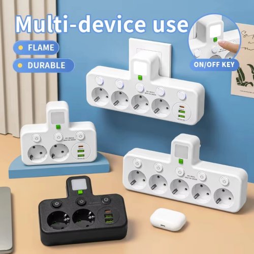 Listwa zasilająca z wtyczką EU, wieloma gniazdami AC, szybkie ładowanie USB‑C PD, ochrona przeciwprzepięciowa i filtr sieciowy (Ethernet)