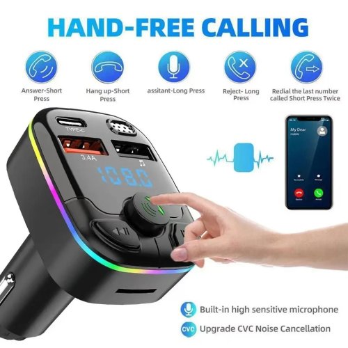 Charger Mobil Bluetooth 5.0 FM Transmitter Handsfree PD Type-C Dual USB Lampu Ambient Pemutar MP3