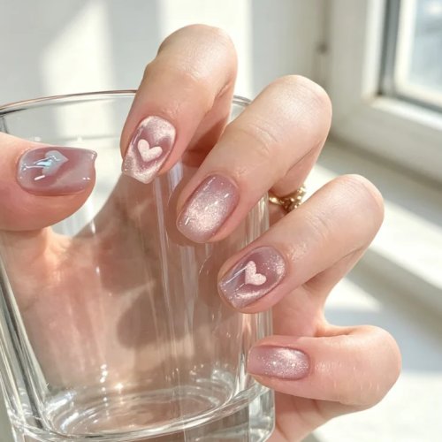 Pink Cat Eye Gradient Press-On Nails with White Heart — Short Round Nude Milky Shimmer Glitter, Reusable 24-Piece Kit