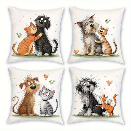 Set de 4 Fundas para Cojín 45x45 cm Poliéster — Diseño Original Perro y Gato, Tema Amistad, Cierre de Cremallera, Duraderas y Reutilizables para Sofá, Sala y Exterior (Solo Fundas, Sin Relleno)