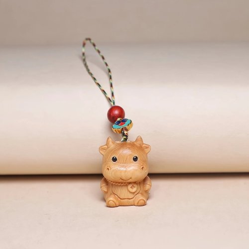 Porta-chaves Zodíaco Chinês em Madeira Reciclada com Contas Vermelhas da Sorte — Acessório para Chaves/Bolsa, Oferta de Aniversário/Ano Novo Chinês
