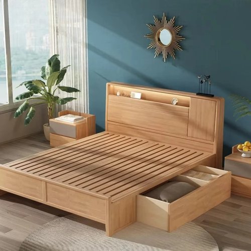 Tempat tidur kayu solid ukuran Queen dengan ruang penyimpanan — desain modern minimalis, mewah