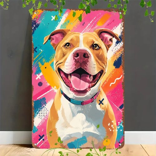 Biển thiếc retro 2D "Happy Pitbull" – Trang trí kim loại cho nhà, gara, quán cà phê, quán bar và sân vườn