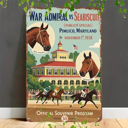 Retro metalen plaat 'War Admiral vs Seabiscuit' – vintage race metalen bord 2D voor thuis, garage, café, bar of tuin