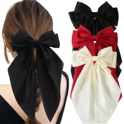French vintage oversized satin bow hair clip with long ribbon tassel — large spring clip for ponytail, elegant women's hair accessory