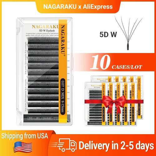 NAGARAKU 10 estojos de cílios 5D formato W — Enviado dos EUA, entrega rápida gratuita USPS Express 2–5 dias