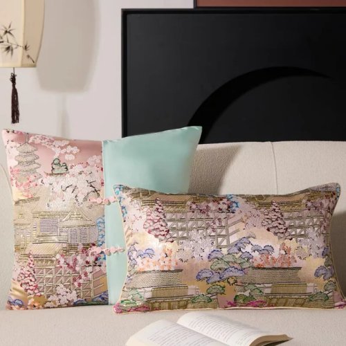 Set Sarung Bantal Gaya Jepang Wabi‑Sabi – Brokat Mewah Motif Bunga & Pagoda, Satin Patchwork untuk Sofa & Kamar Tidur