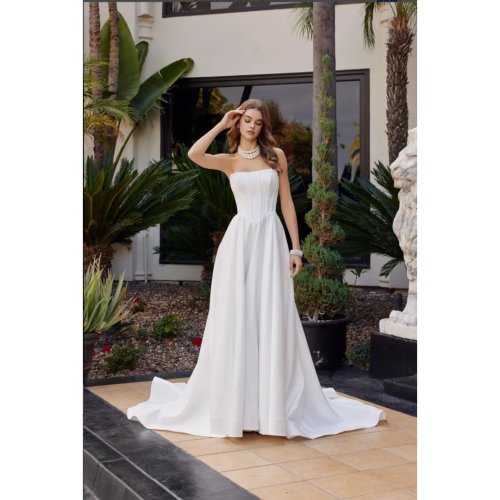 Modern Strapless Satin Wedding Dress with Corset Bodice, A-Line Skirt and Chapel Train