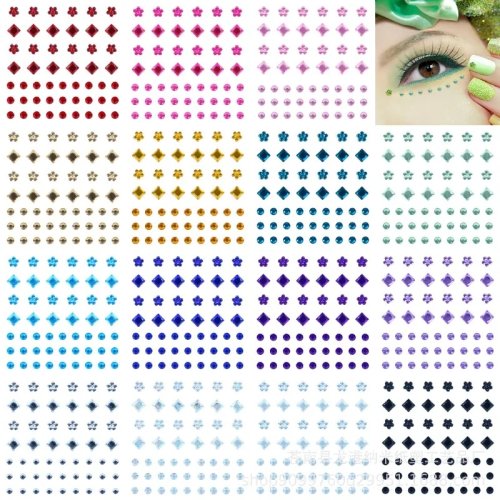 Stiker permata wajah akrilik kristal — strass warna untuk mata & wajah, anak-anak, makeup panggung; aman dan tidak beracun