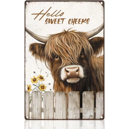 Targa in latta retrò con mucca Highland divertente «Hello Sweet Cheeks» — decorazione da parete per bagno, 20 x 30 cm (8 x 12 in)