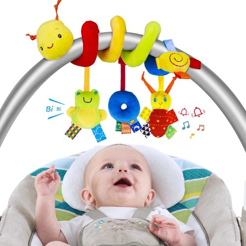 Juguete espiral para cochecito y moisés — peluche colgante con sonajero suave, móvil sensorial para recién nacidos, regalo ideal