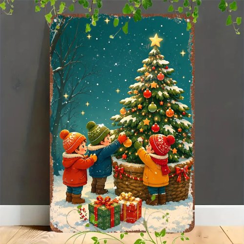 Biển thiếc phẳng 2D phong cách cổ điển – Biển trang trí cây thông Noel vintage cho trẻ em, phù hợp trang trí nhà, gara, quán cà phê, quán bar và vườn