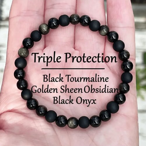 Vòng tay bảo vệ 3 đá — Beryl đen, Obsidian đen ánh vàng, Agate đen và pha lê cho cân bằng cảm xúc