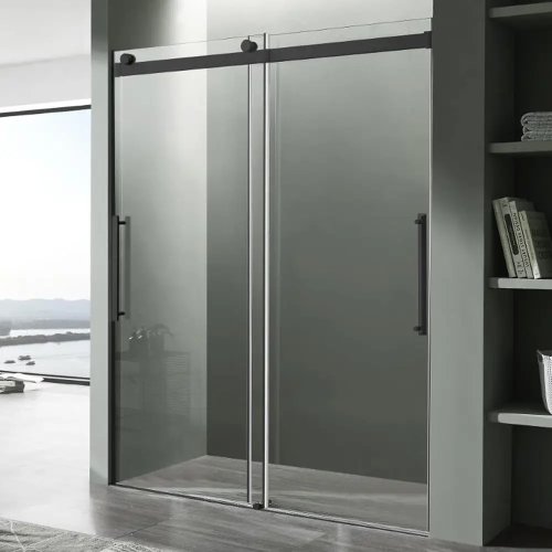 Dusch-Schiebetür 60 x 76 in (1524×1930 mm) matt-schwarz, ESG Dekorglas, Tsunami Guard, 2 Schiebe-Elemente, Alu-Laufrollen, wendbarer Griff