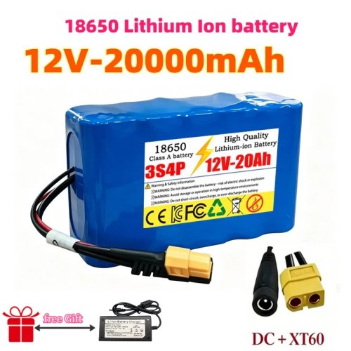 Pin sạc 12V 20Ah 3S4P 40A BMS 18650 20000mAh Li-ion Dung lượng cao XT60 DC 400W Đèn xe máy công suất cao